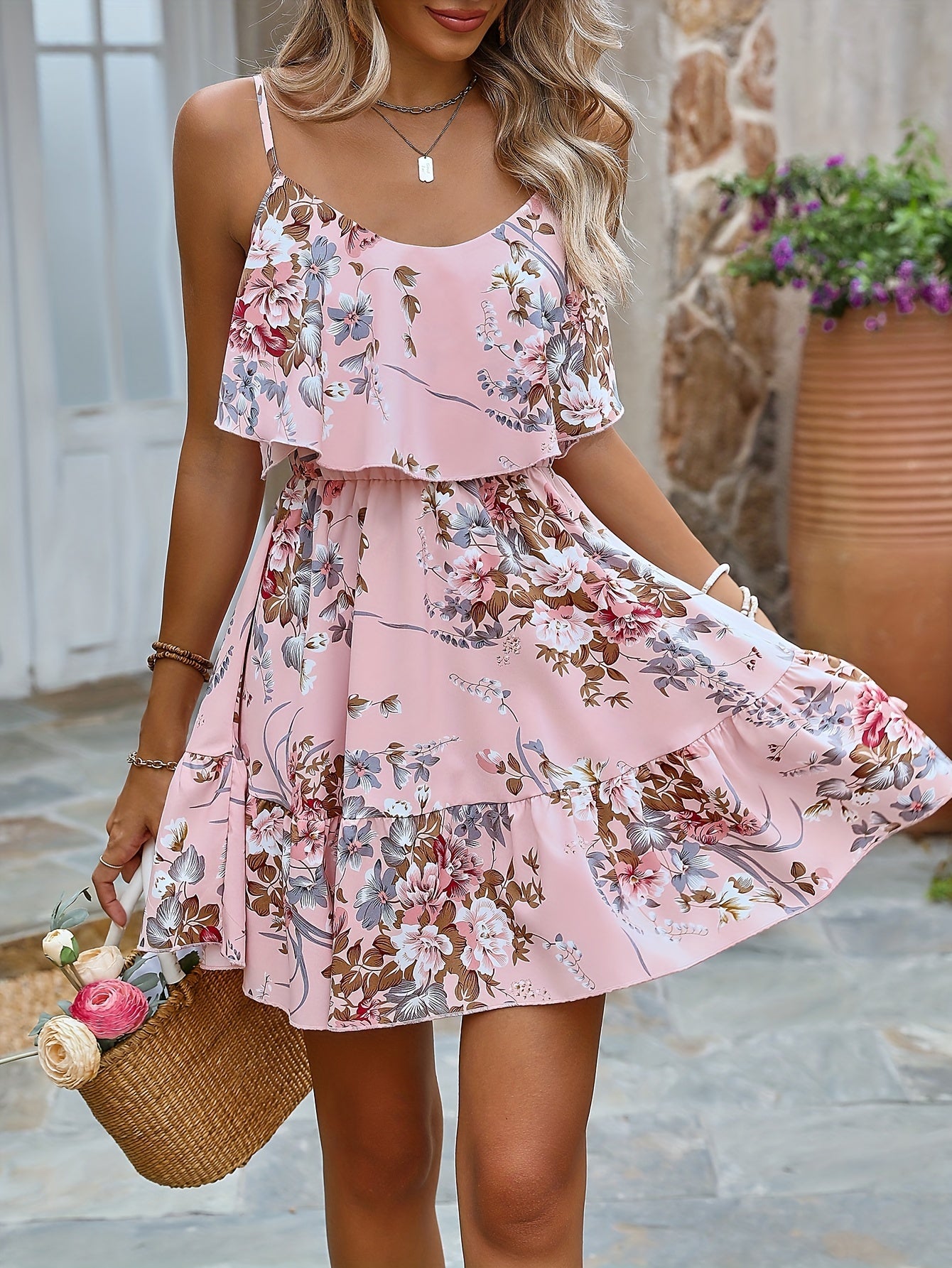 Chic Off-Shoulder Floral Mini Dress with Ruffle Hem & Waist - Casual Polyester, Machine Washable - Perfect for Spring/Summer, Leaf Edge, A-line